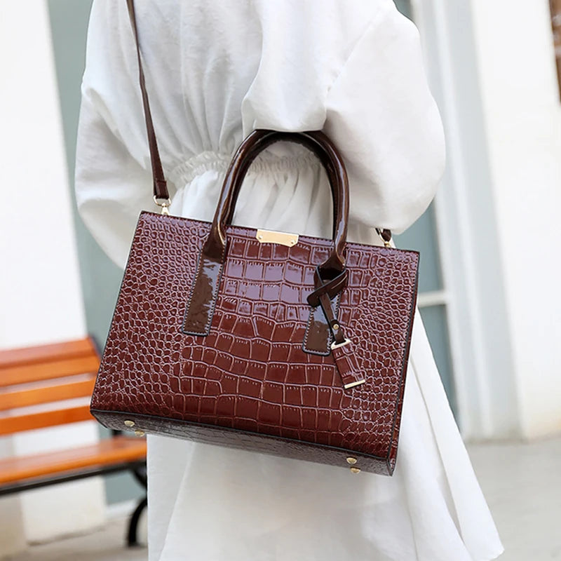 Crocodile Pattern Patent Leather Women's Handbag
