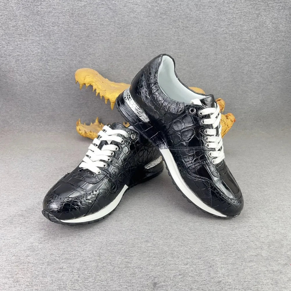 Crocodile Leather Men's Sneakers – Black Lace-Up Casual Shoes