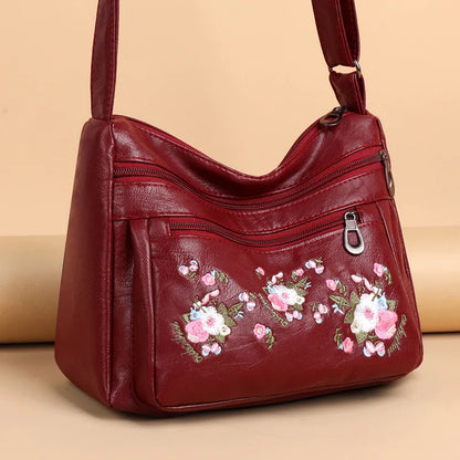 Flower Embroidery Crossbody Bag for Women – Luxury Multi-Pocket PU Leather Handbag