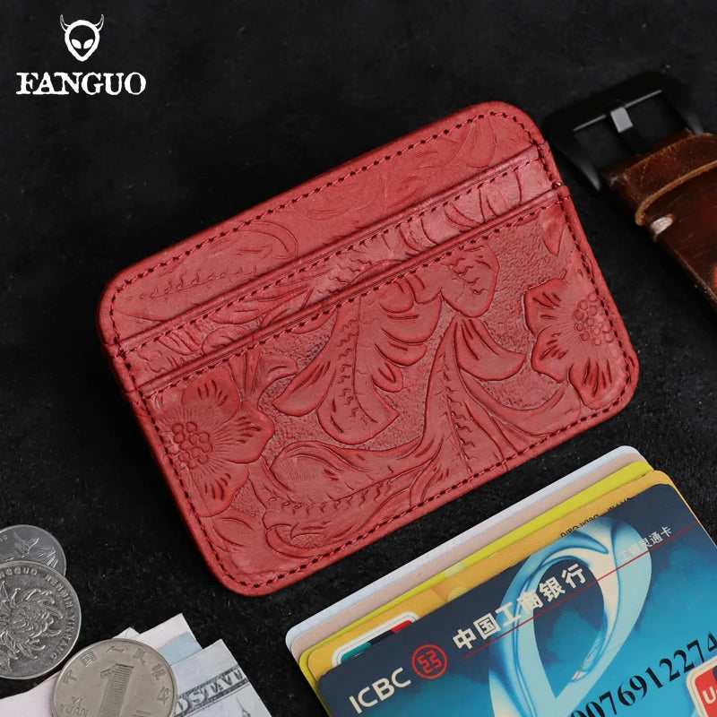 Genuine Leather Card Holder – Slim Floral Embossed Credit Card Wallet