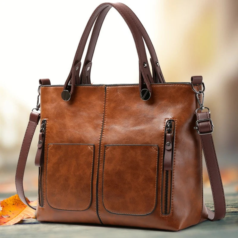 Women's Retro PU Leather Tote Handbag – Large Crossbody Shoulder Purse