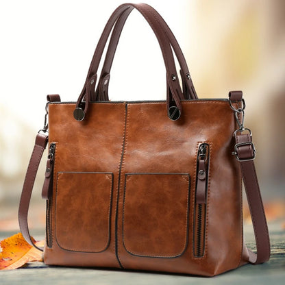Women's Retro PU Leather Tote Handbag – Large Crossbody Shoulder Purse