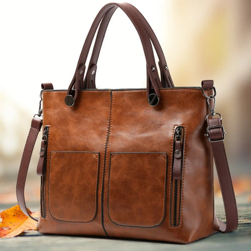 Women's Retro PU Leather Tote Handbag – Large Crossbody Shoulder Purse