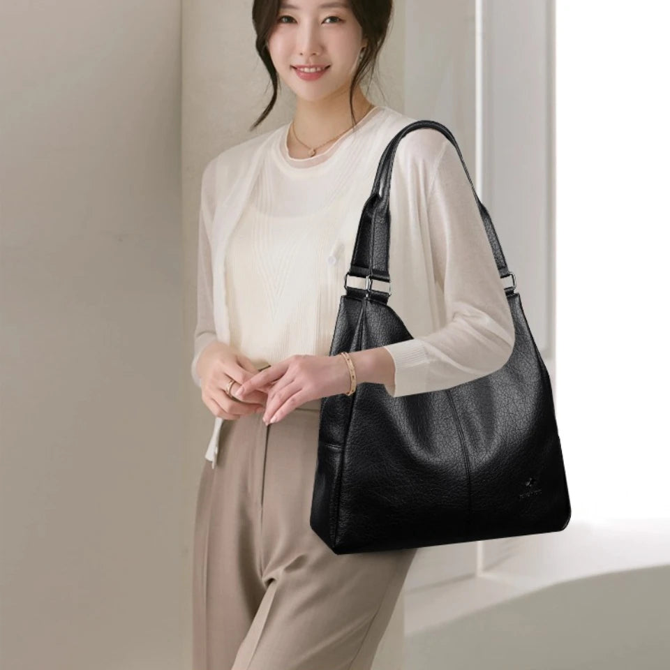 3-Layer Soft Leather Hobo Tote Bag for Women – Large Shoulder Handbag