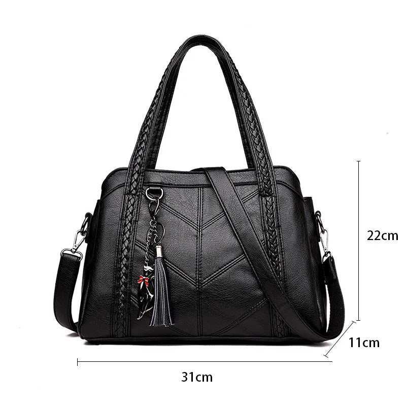 Large Capacity PU Leather Shoulder Bag with Tassel Pendant