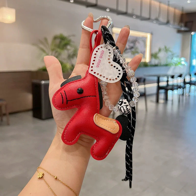 PU Leather Pony Keychain Bag Charm with Braided Rope & Bow