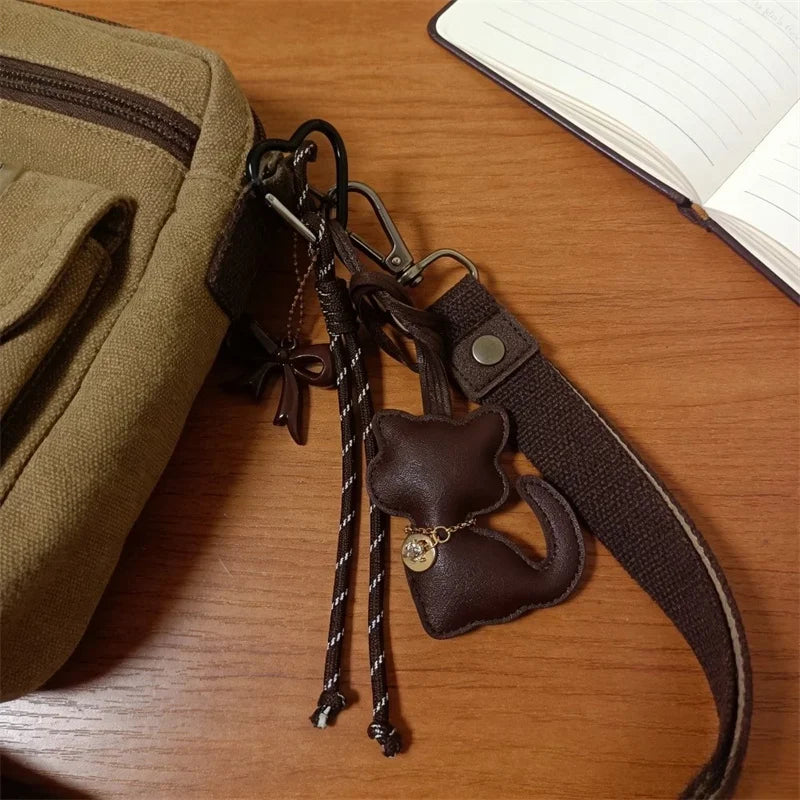 PU Leather Cat Bag Charm with Bow & Rope Tassel Pendant