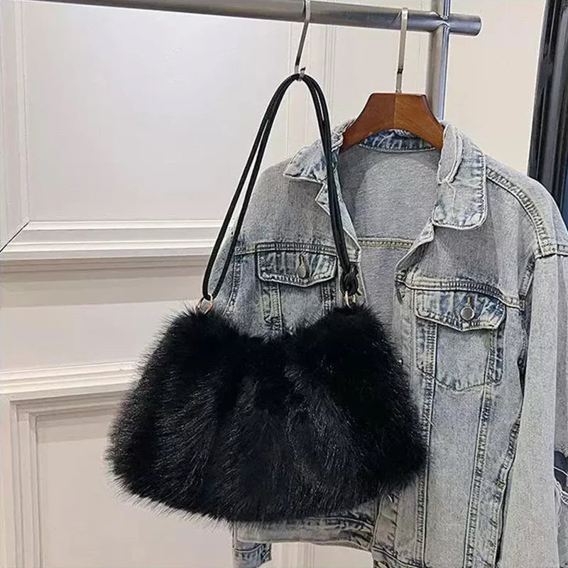 Faux Rabbit Fur Plush Shoulder Bag – Women's Luxury Tote