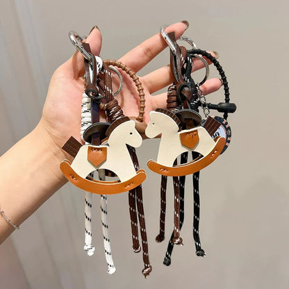 Braided Rope Bag Charm with Leather Rocking Horse Pendant