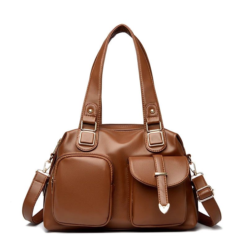 Leather Tote Handbag with Dual Front Pockets & Arrow Hardware