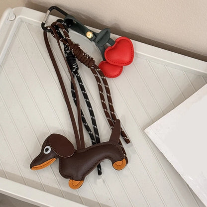 Cute Leather Dachshund Bag Charm Keychain with Cherry & Tassel