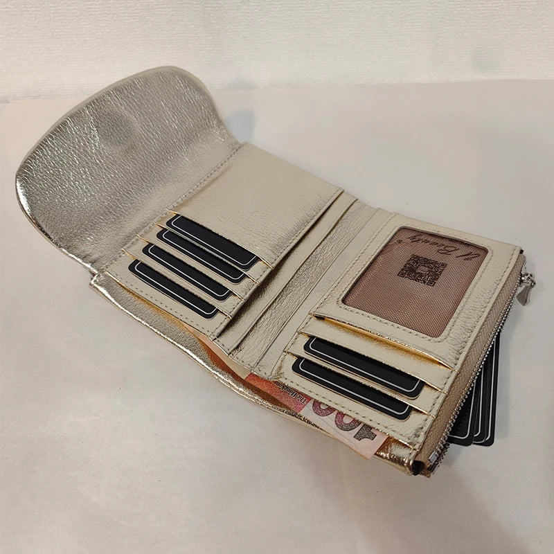Metallic Genuine Leather Tri-Fold Women's Wallet Organizer Purse