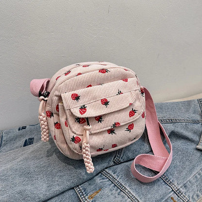 Corduroy Crossbody Bag – Cute Strawberry Print Women's Shoulder Bag
