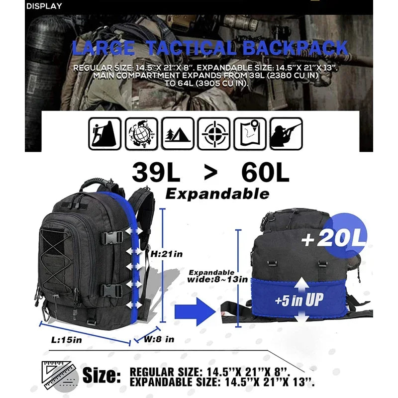 60L Tactical Backpack – Extra Large Military Hiking Pack for Men & Women