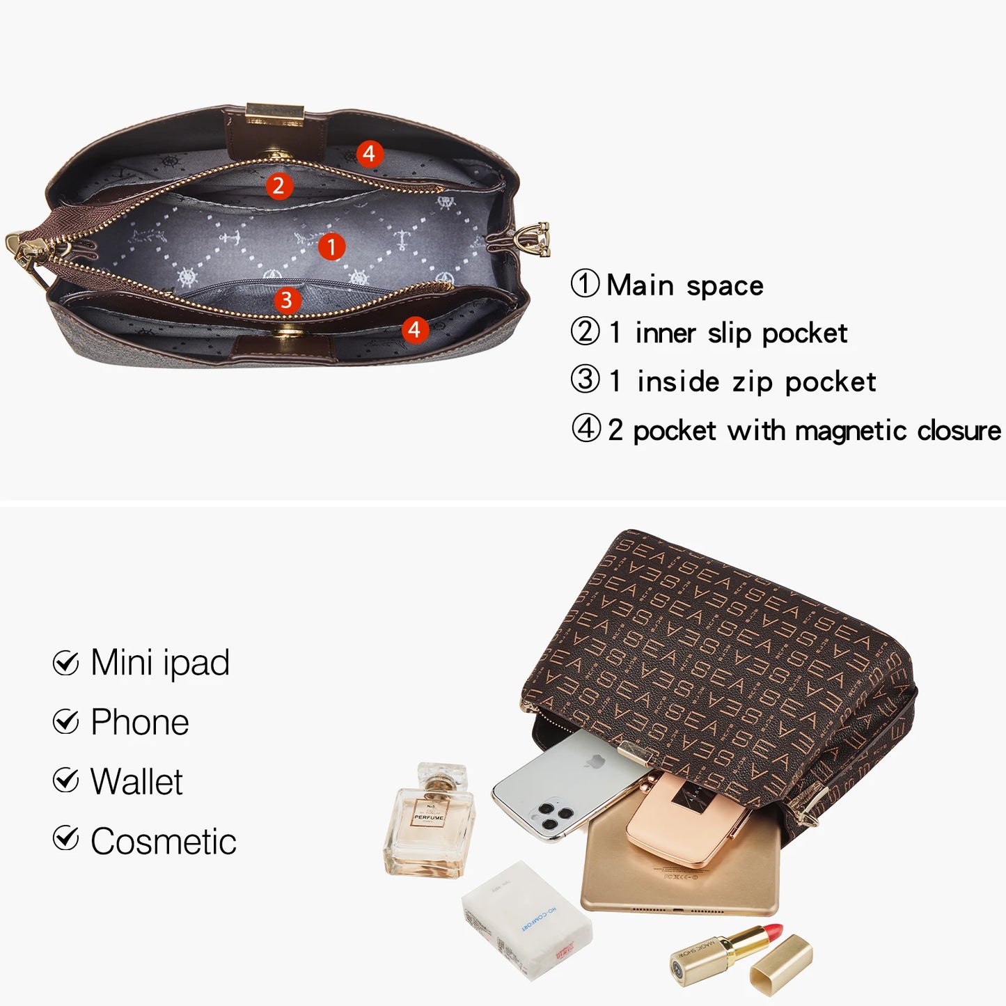 FOXER Monogram Women Shoulder Tote Bag 2026 Fashion Commuter Female Large Crossbody Purse for Mom