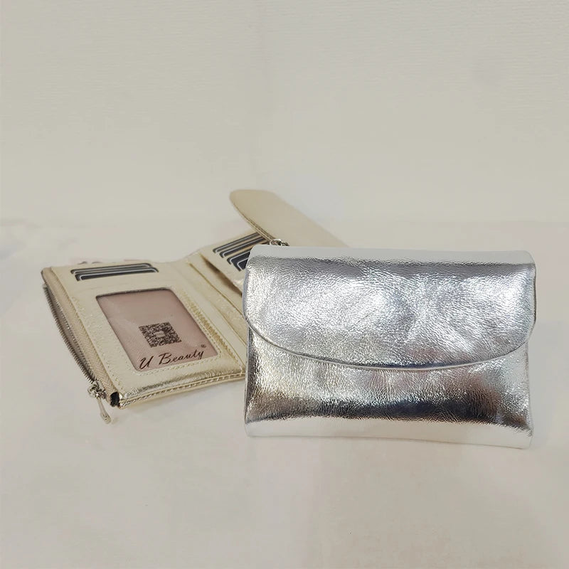 Metallic Genuine Leather Tri-Fold Women's Wallet Organizer Purse