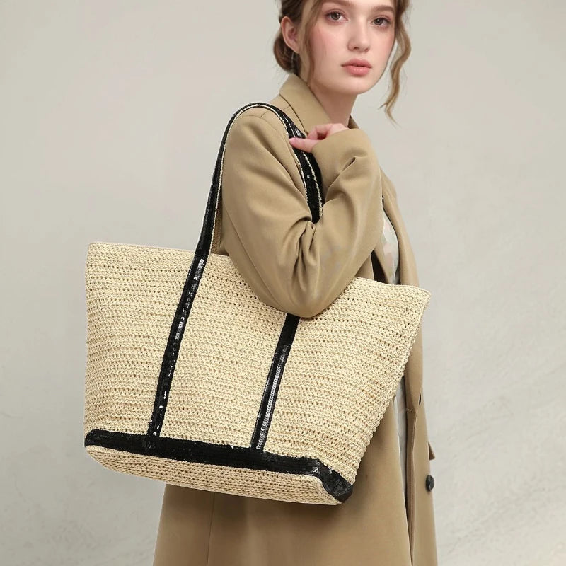 Sequin Woven Tote Bag – Large Straw Shopper for Women