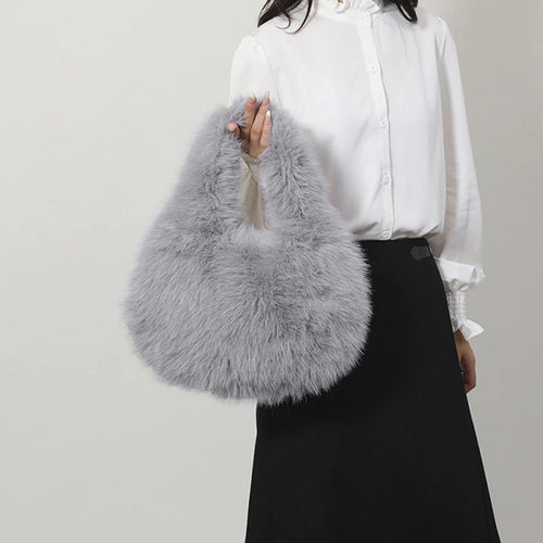 Faux Fur Top Handle Bag for Women – Fluffy Wrist Knot Mini Tote