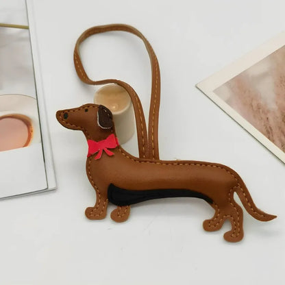 Dachshund Leather Bag Charm with Red Bow Tie – Cute Pet Lover Keychain