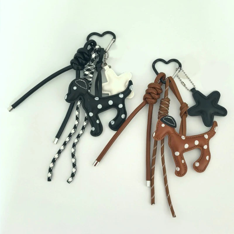 Dalmatian Leather Keychain Bag Charm with Braided Rope Tassel