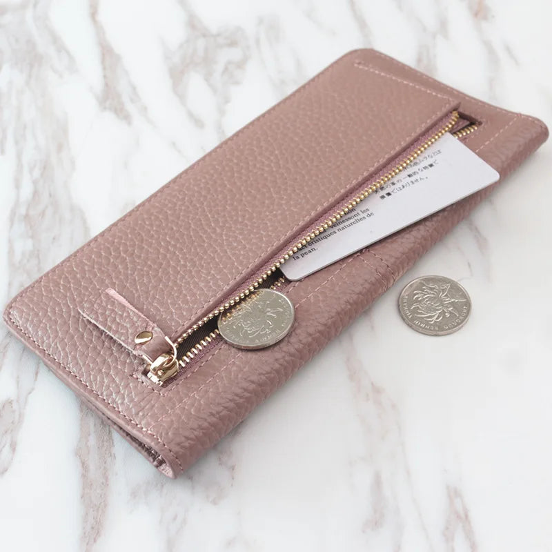 Women's Genuine Leather Long Wallet – Slim Flat Cowhide Purse with Card Slots