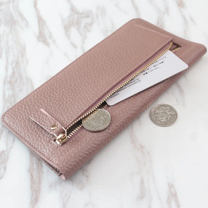 Women's Genuine Leather Long Wallet – Slim Flat Cowhide Purse with Card Slots