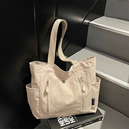 Large Canvas Tote Bag – Korean Style Multi-Pocket Shoulder Bag