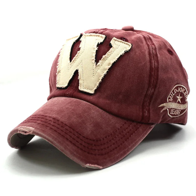 Washed Cotton Baseball Cap – Embroidered Letter W Snapback
