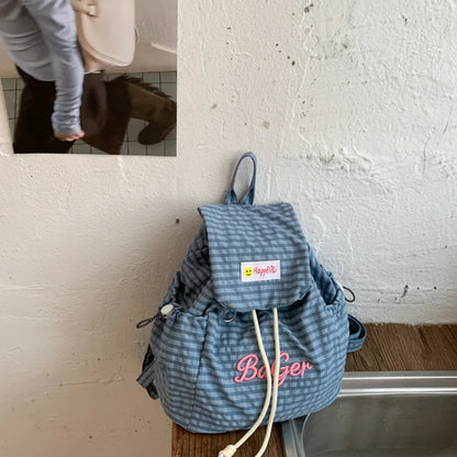 Mini Drawstring Backpack – Plaid Embroidery Casual Daypack