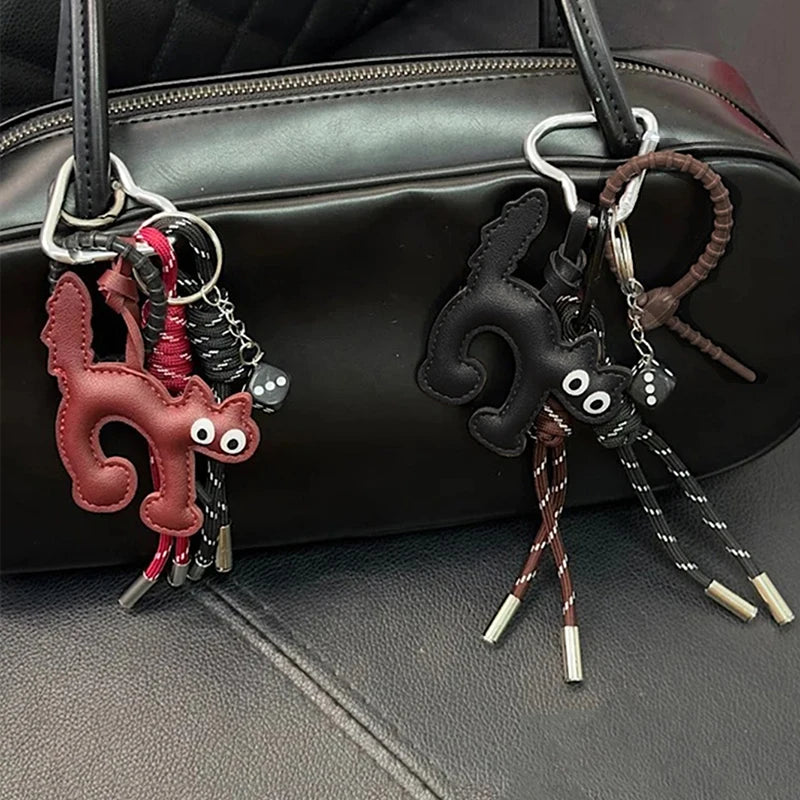 Cat Shape PU Leather Keychain Pendant with Rope Charm