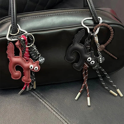 Cat Shape PU Leather Keychain Pendant with Rope Charm