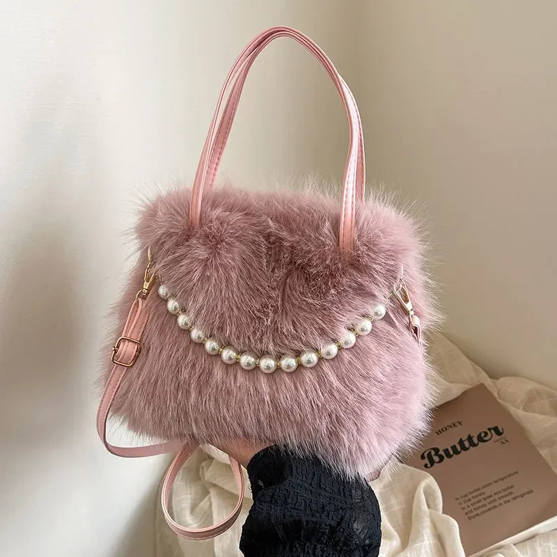 Faux Fur Plush Crossbody Bag – Korean Style Pearl Chain Handbag