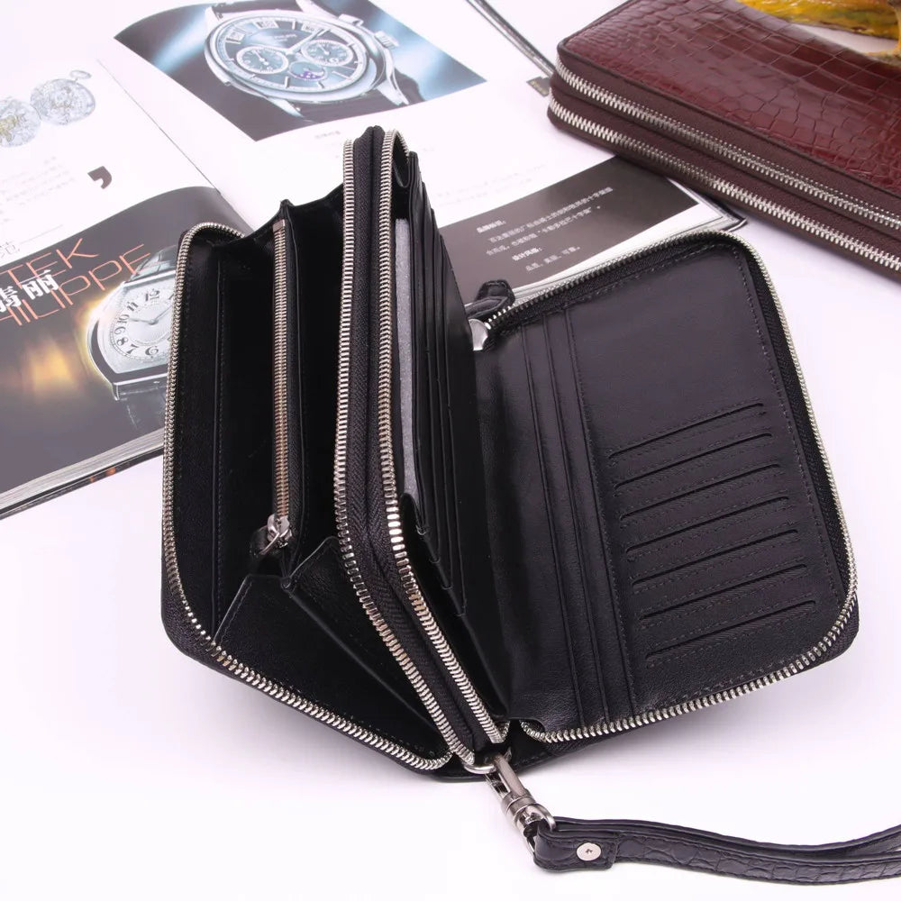 Crocodile Leather Wristlet Wallet – Unisex Long Zip Clutch with Card Slots