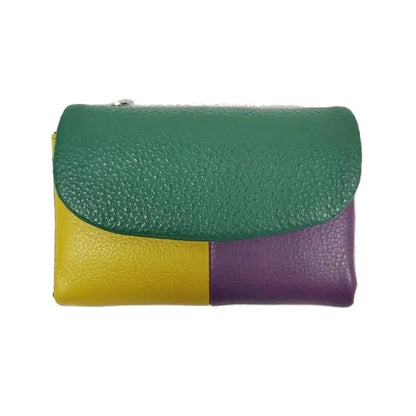 Patchwork Genuine Cowhide Leather Trifold Wallet with Magnetic Closure