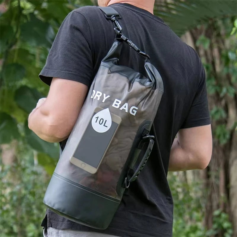 Waterproof PVC Dry Bag 10L/20L – Clear Roll-Top Shoulder Bag for Kayaking & Swimming