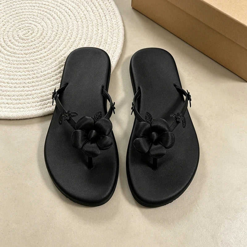Floral Flat Sandals for Women – Satin Flower Flip-Flops