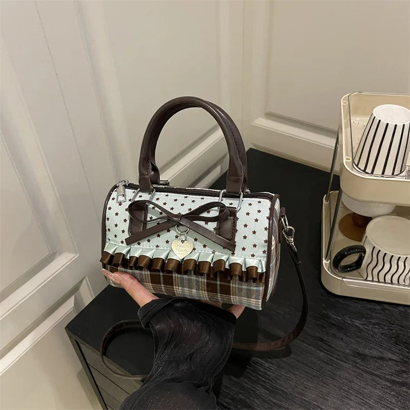 Kawaii Pillow Bag – Retro Plaid & Polka Dot Crossbody Purse