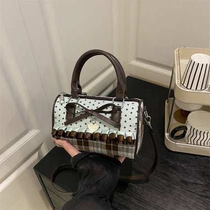 Kawaii Pillow Bag – Retro Plaid & Polka Dot Crossbody Purse