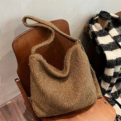 Woolen Plush Hobo Tote Bag – Large Capacity Shoulder Bag