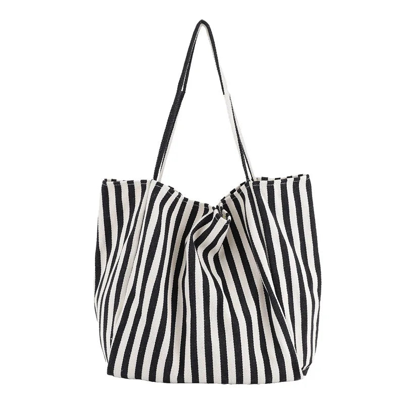 Striped Canvas Tote Bag – Large Capacity Women's Shoulder Bag