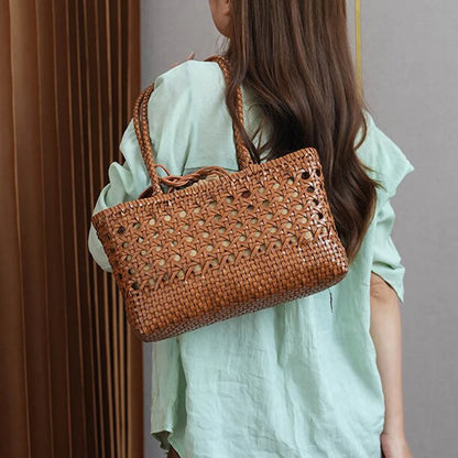 Handmade Woven Leather Tote Bag – Hollow Drawstring Shoulder Bag