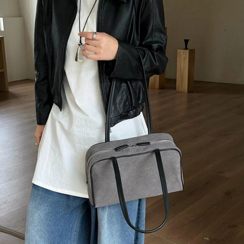 Canvas Bowling Shoulder Bag – Large Capacity Vintage Handbag with Leather Handles
