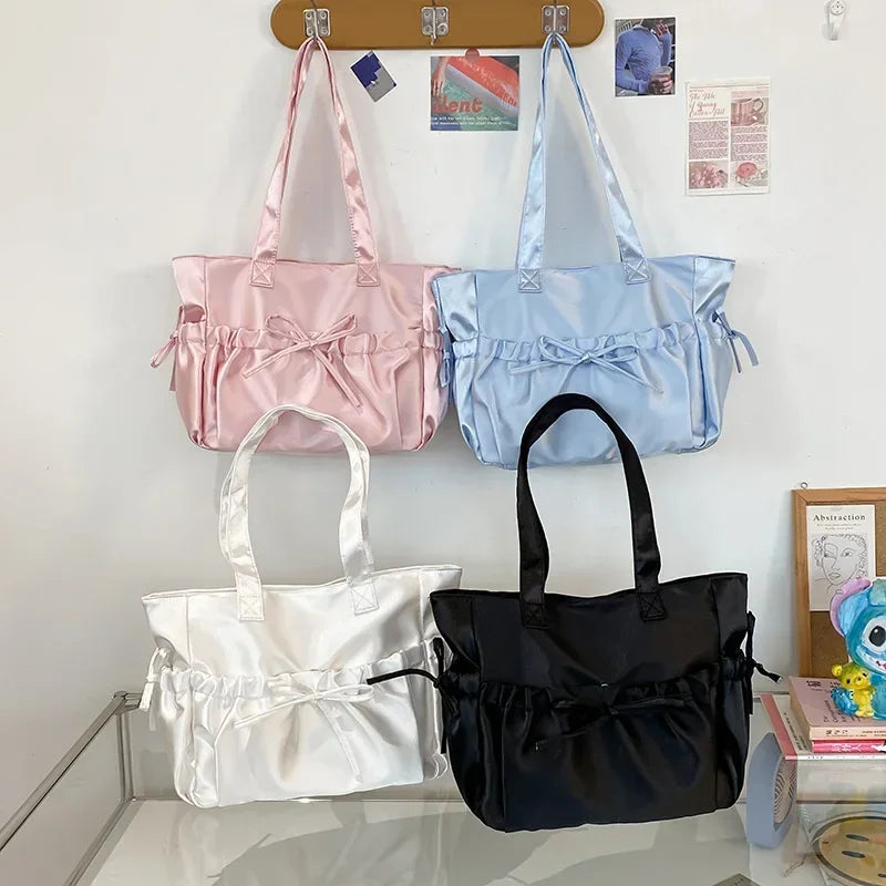 Bow Pleated Tote Bag for Women – Large Nylon Shoulder Bag