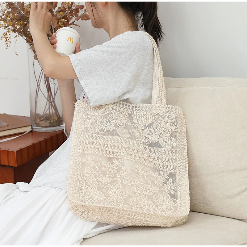 Floral Lace Tote Bag for Women – Large Capacity Mesh Shoulder Bag with Inner Pouch