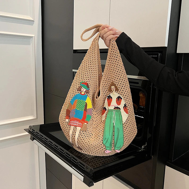 Crochet Knit Shoulder Tote Bag with Embroidery – Large Capacity