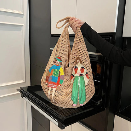 Crochet Knit Shoulder Tote Bag with Embroidery – Large Capacity