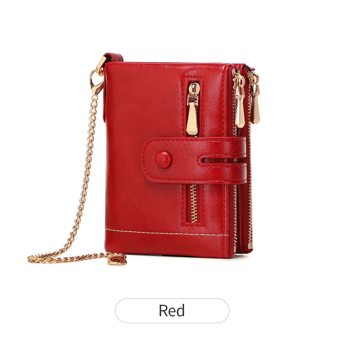 Women's Double Zipper Short Wallet with Detachable Chain