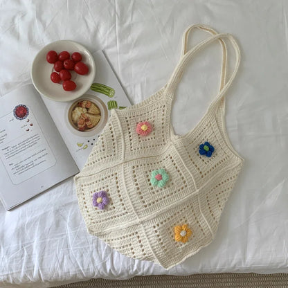 Knitted Flower Tote Bag – Large Capacity Women Shoulder Bag