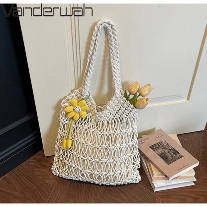 Straw Woven Hollow-Out Shoulder Bag with Flower Charm