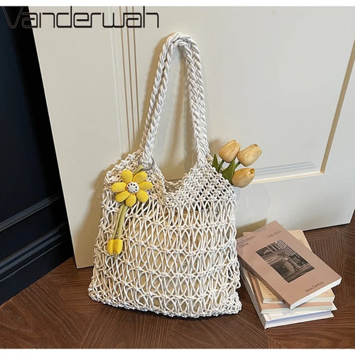 Straw Woven Hollow-Out Shoulder Bag with Flower Charm